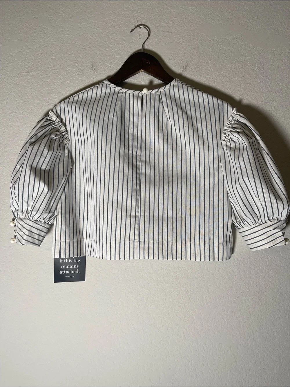 Tuckernuck Stripe Edie Puff Sleeve Top in Blue Linen New Cropped Size Small